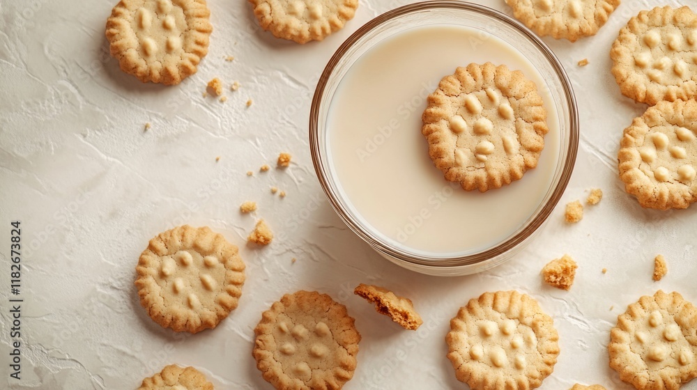 A minimalistic setup featuring cookies being dipped into a bowl of milk, with scattered cookies around A minimalistic setup featuring cookies being dipped into a bowl of milk, with scattered cookies around