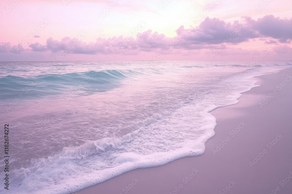 Soft waves gently lap against the shoreline at sunrise in a pastel sky with hints of pink and purple hues Soft waves gently lap against the shoreline at sunrise in a pastel sky with hints of pink and purple hues