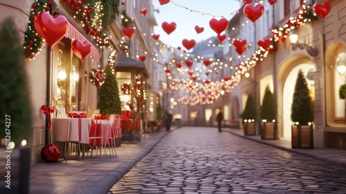 Wallpaper Mural Romantic Street Scene: A charming cobblestone street adorned with twinkling lights and heart-shaped balloons, creating a romantic and festive atmosphere perfect for Valentine's Day.   Torontodigital.ca