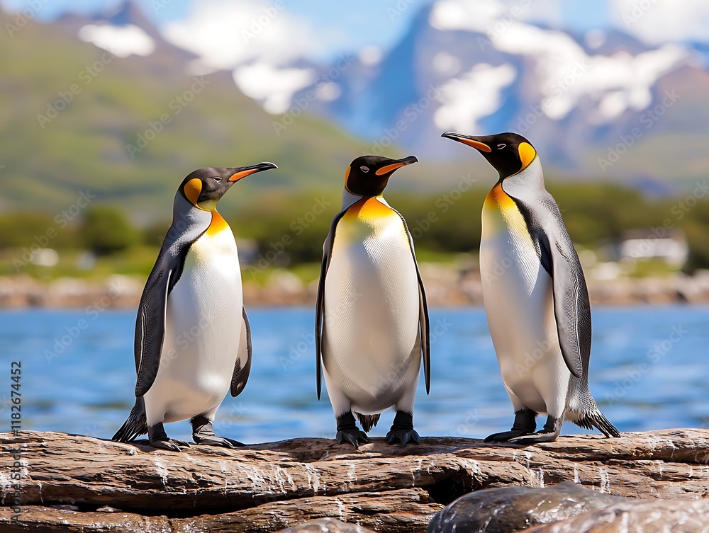 Fototapeta premium Three king penguins standing together on a rock near the water with mountains in the background.