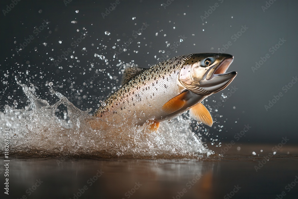 Atlantic salmon leaps out of clear river waters under bright daylight in stunning wilderness capture Atlantic salmon leaps out of clear river waters under bright daylight in stunning wilderness capture