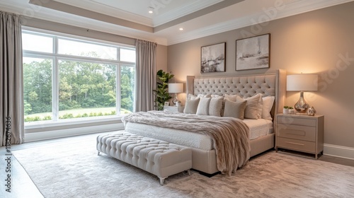 A designer staging a bedroom for sale, showcasing contemporary furniture with soft tones, simple accessories, and a clean, spacious feel