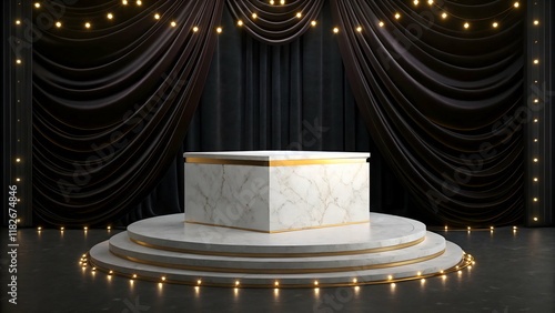 Luxurious Product Display Polished White Marble Podium with Golden Highlights, Illuminated Amidst Velvet Curtains and Glowing Bokeh Lights for a Sophisticated Presentation