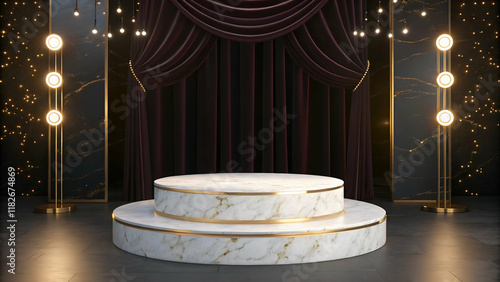Luxurious Product Display Polished White Marble Podium with Golden Highlights, Illuminated Amidst Velvet Curtains and Glowing Bokeh Lights for a Sophisticated Presentation