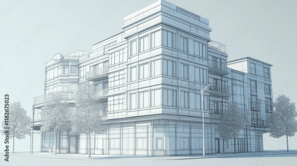 Perspective 3D render of building wireframe - Vector illustration Perspective 3D render of building wireframe - Vector illustration