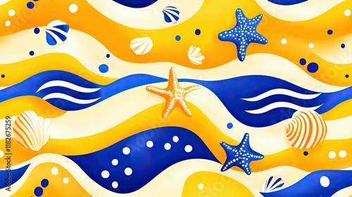 Seamless pattern with playful marine motifs featuring seashells, starfish, and waves in bright summer colors of yellow, coral, and blue for tropical products photo