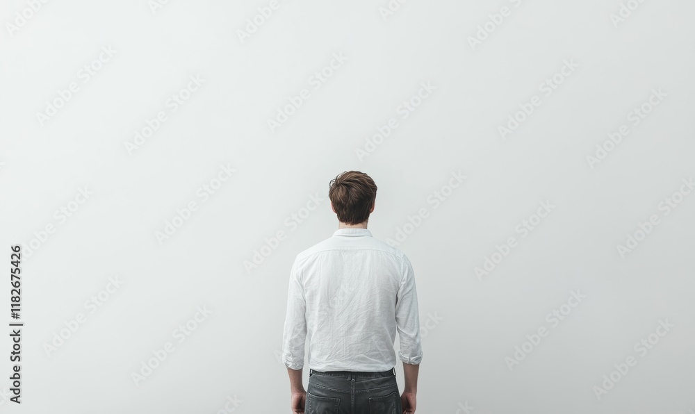 Fototapeta premium Man standing backwards with his head facing right on a white background, banner space for textI