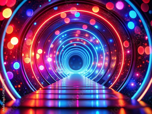 Abstract Neon Circle Tunnel Animation: Red, Blue, Purple Bokeh Zoom