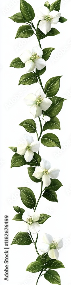 Fototapeta premium Delicate white flowers with lush green leaves, symbolizing beauty and tranquility.