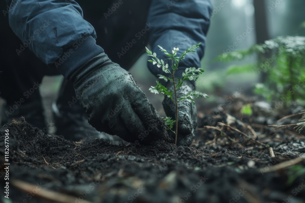 Person planting a small sapling in a forested area during a foggy morning Person planting a small sapling in a forested area during a foggy morning