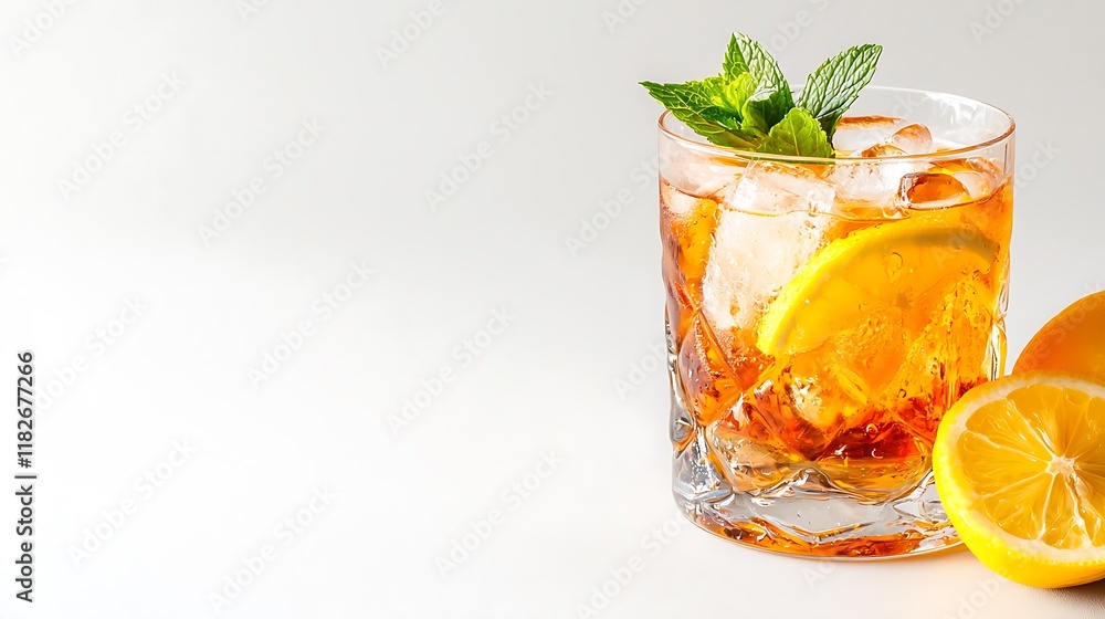 Iced tea with lemon and mint in a rocks glass on white background. Iced tea with lemon and mint in a rocks glass on white background.