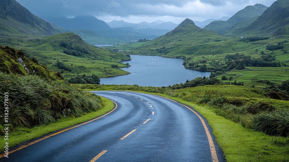 Fototapeta premium Scenic Irish Countryside Road Winding Through Green Mountains