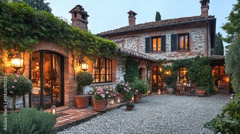Obraz premium Italian Stone Villa Courtyard Evening Ambiance