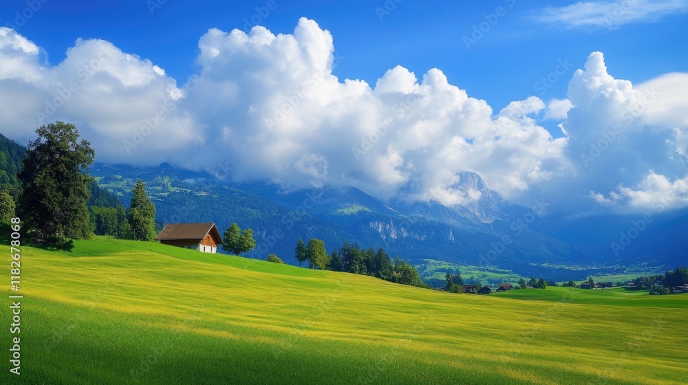 Scenic View of Alpine Farmland Through Train Window – Embracing Europe's Beautiful Blue Skies and Clouds on a Day of Travel Scenic View of Alpine Farmland Through Train Window – Embracing Europe's Beautiful Blue Skies and Clouds on a Day of Travel