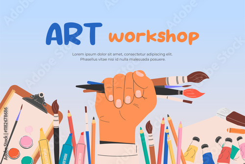 A banner template for an art workshop, studio, or store. An advertising background with accessories for the artist: brushes, paints, easel, pencils. International Day of the Artist. Flat vector.