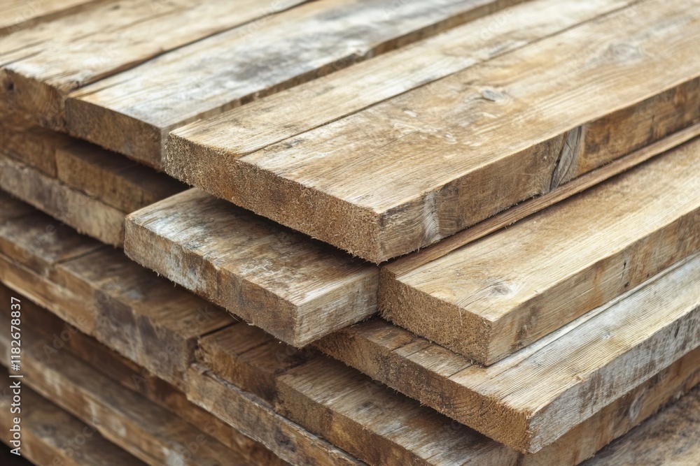Wooden planks stacked in a workshop, showcasing natural textures and rustic charm for various construction projects Wooden planks stacked in a workshop, showcasing natural textures and rustic charm for various construction projects