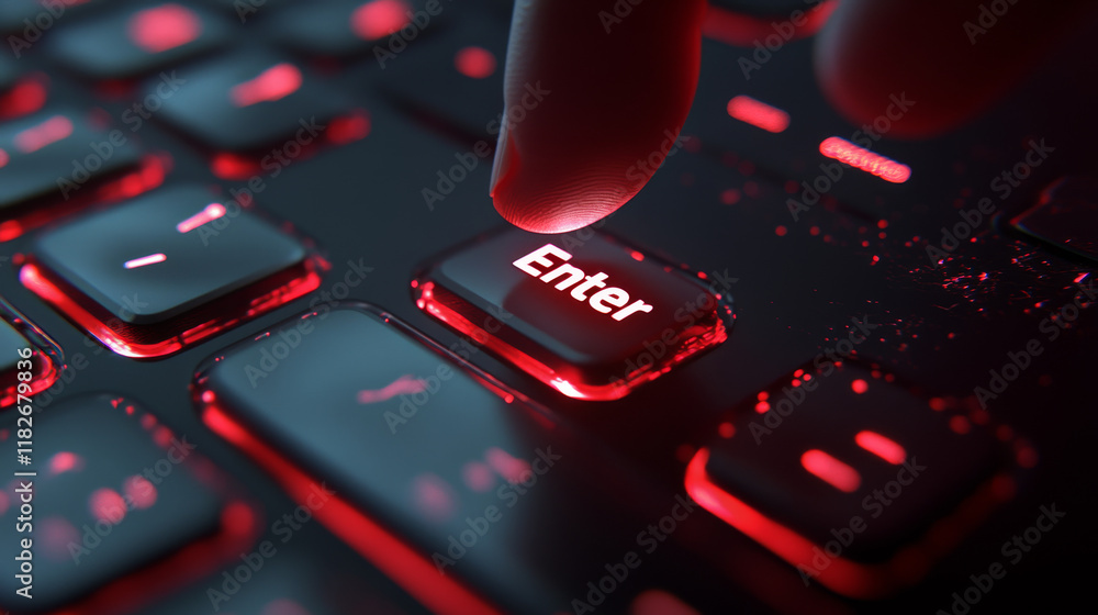 Obraz premium Computer keyboard, close-up button of the hand. 3D render of a laptop keyboard