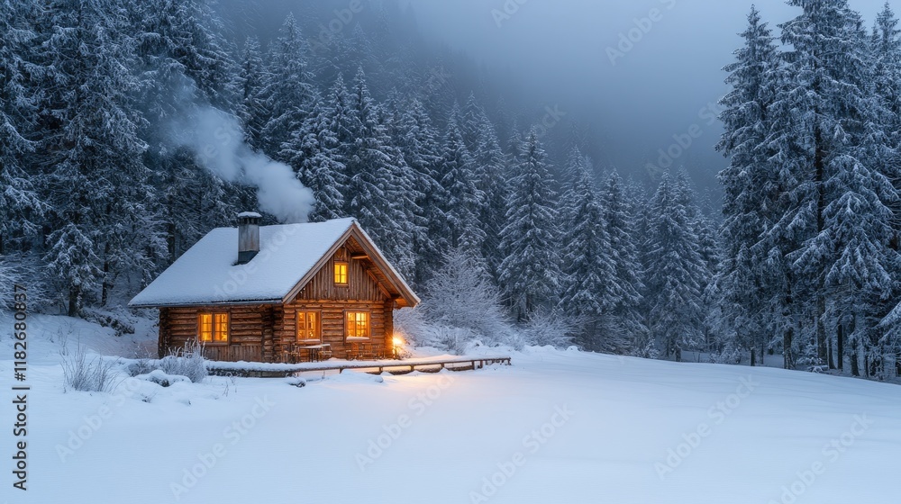 Cozy Cabin nestled in a snowy winter forest landscape Cozy Cabin nestled in a snowy winter forest landscape