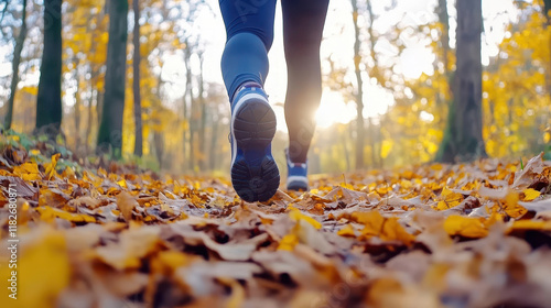 Fototapeta Naklejka Na Ścianę i Meble -  Close-up of a runner's legs walking on a forest trail covered with autumn leaves during sunset.