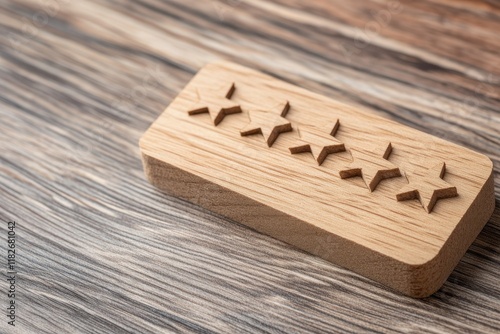 Rectangular wooden block with five engraved stars placed on textured wood surface symbolizing quality and excellence.