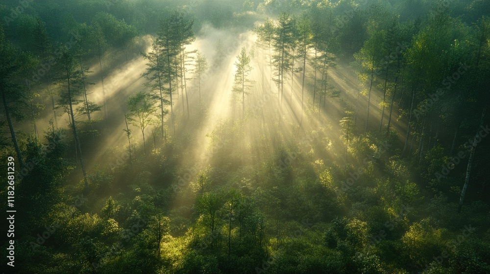 Sunbeams Illuminate Misty Forest Trees Sunbeams Illuminate Misty Forest Trees