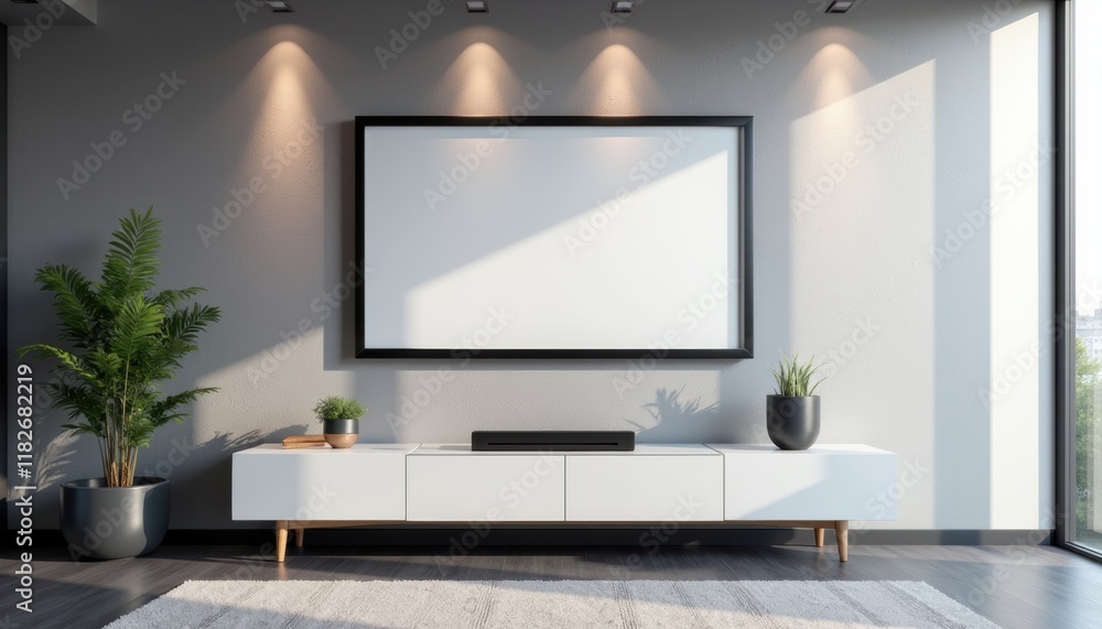 Fototapeta premium Isolated TV mockup on a wall in a professional office space, with a simple workspace setup and ambient lighting to emphasize the TV