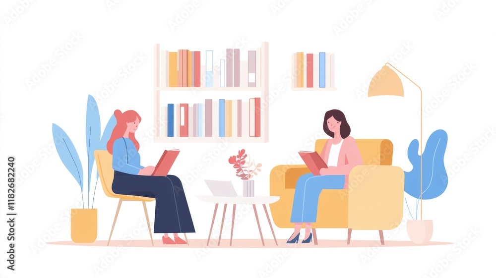 Cozy reading corner with two women relaxing in a stylish living room Cozy reading corner with two women relaxing in a stylish living room