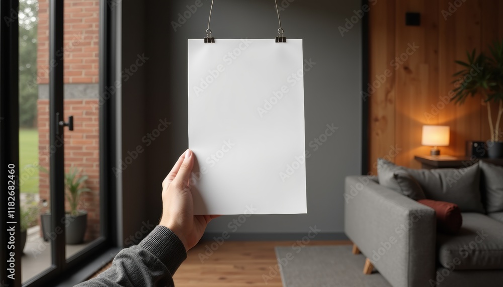 Modern flyer mockup held in hand, with a clean and professional design, surrounded by subtle lighting and a minimal setting Modern flyer mockup held in hand, with a clean and professional design, surrounded by subtle lighting and a minimal setting