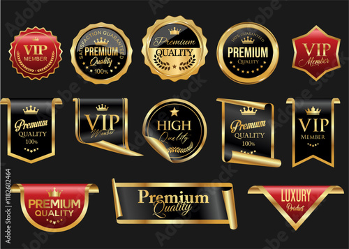 Premium quality satisfaction guaranteed gold and black and red badge stock illustration