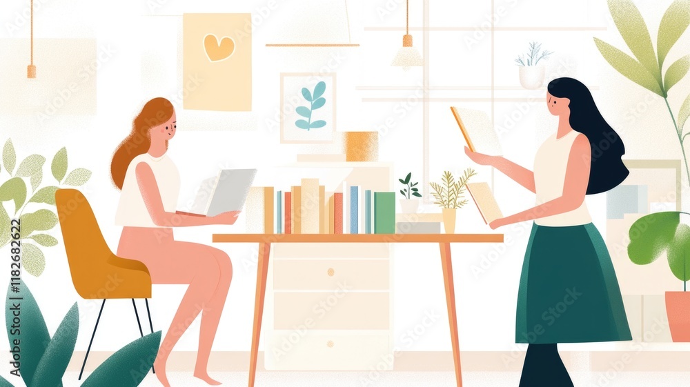 Cozy reading space with two women engaged in books and plants Cozy reading space with two women engaged in books and plants
