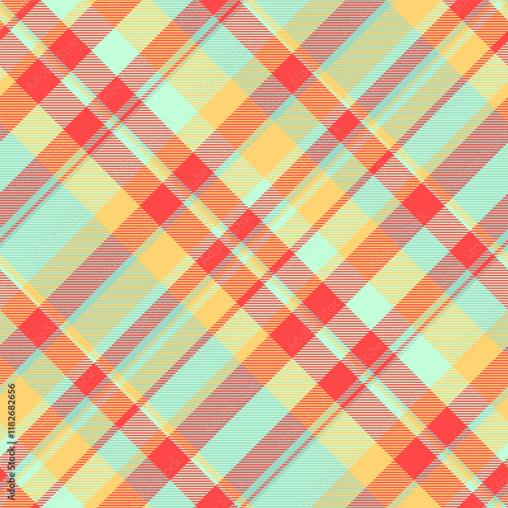 Vibrant diagonal plaid pattern in coral, mint, and golden yellow. Perfect for textile design, fashion, websites, or any project needing a modern, geometric textile background. Vibrant diagonal plaid pattern in coral, mint, and golden yellow. Perfect for textile design, fashion, websites, or any project needing a modern, geometric textile background.