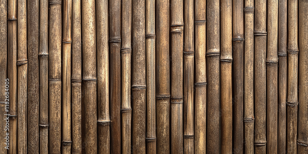 Fototapeta premium Close-up of yellow bamboo stalks arranged in a tidy, repetitive pattern, showcasing a natural wooden texture with a warm, rustic appearance, ideal for backgrounds or eco-friendly designs