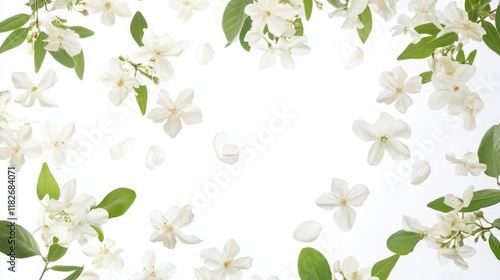 Wallpaper Mural Beautiful jasmine flowers with leaves in air on white background Torontodigital.ca