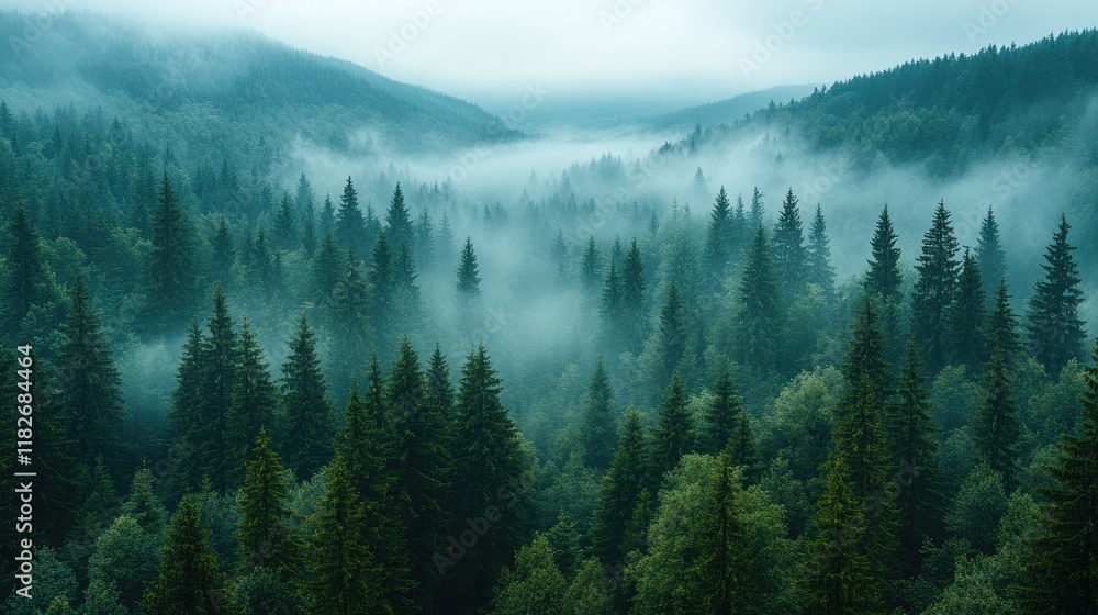 Misty Mountains Enveloped In Lush Evergreen Forest Misty Mountains Enveloped In Lush Evergreen Forest