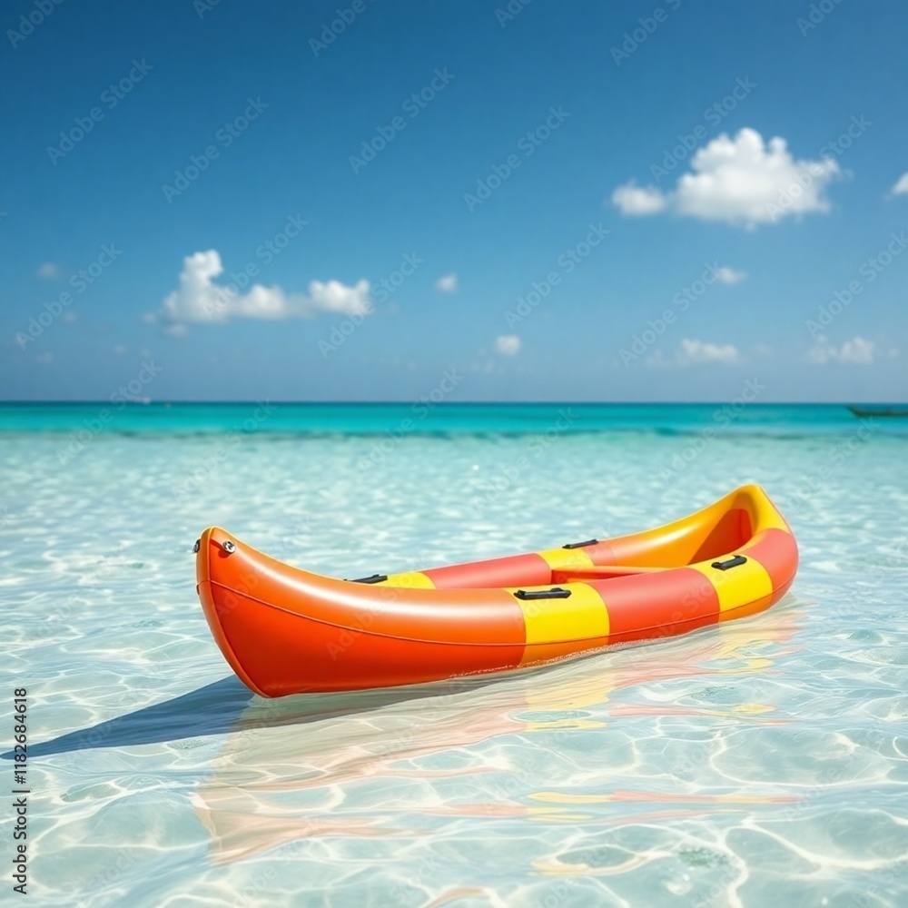 Brightly colored inflatable canoe on a sunny beach. Brightly colored inflatable canoe on a sunny beach.