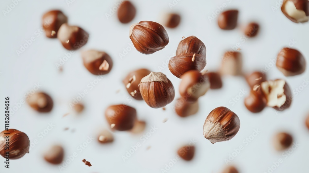 Many fresh hazelnuts falling on white background Many fresh hazelnuts falling on white background