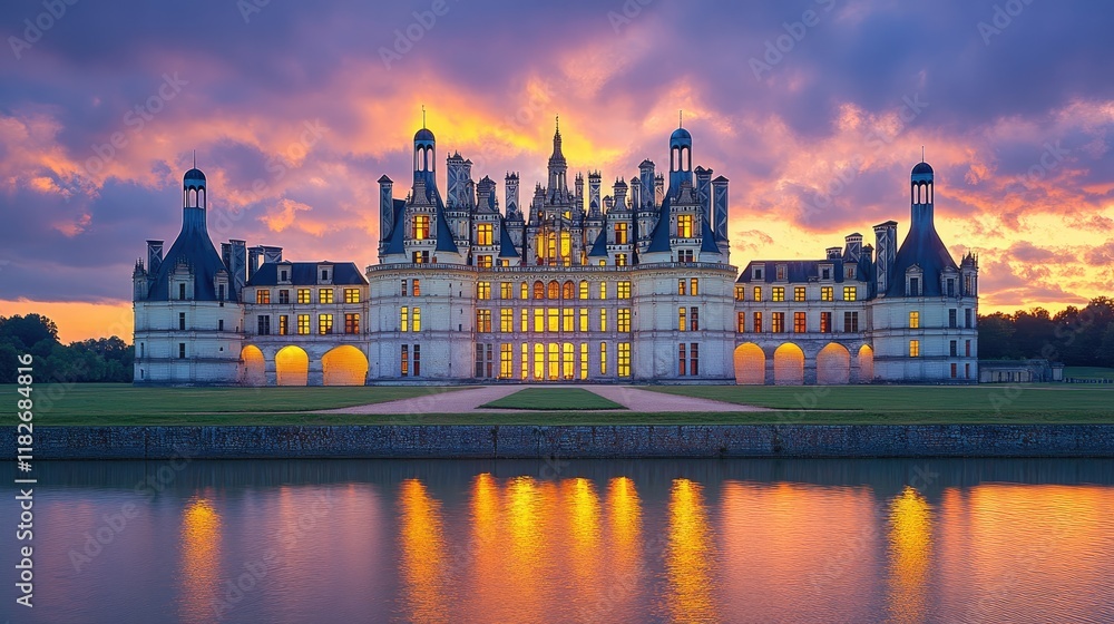 Fototapeta premium Majestic Chateau at Sunset Reflecting in Calm Water