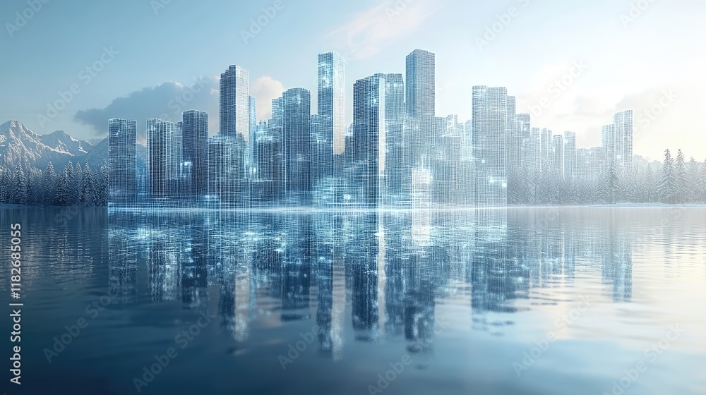 Digital Cityscape Reflected in Winter Lake Digital Cityscape Reflected in Winter Lake