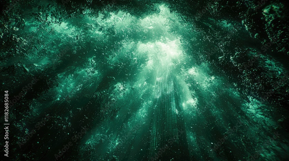 Fototapeta premium Ethereal Skyscraper Emerging From Green Depths