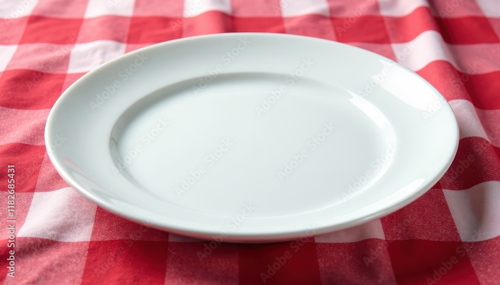 Gleaming white plate on red & white checkered cloth , appetite, rustic, texture Gleaming white plate on red & white checkered cloth , appetite, rustic, texture