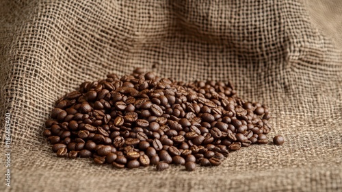 Roasted coffee beans falling on heap against brown background, closeup