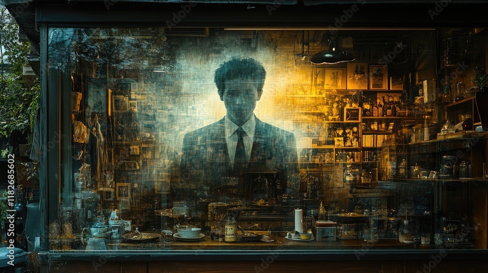 Fototapeta premium A Man in Suit Appears Behind Shop Window Display