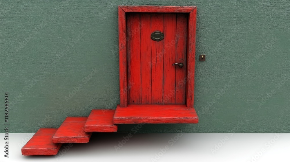Red Door with Wooden Steps Against Green Wall Red Door with Wooden Steps Against Green Wall