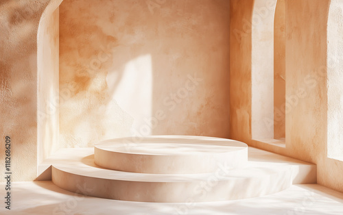 Sunlit terracotta interior with soft shadows and curved architectural details.