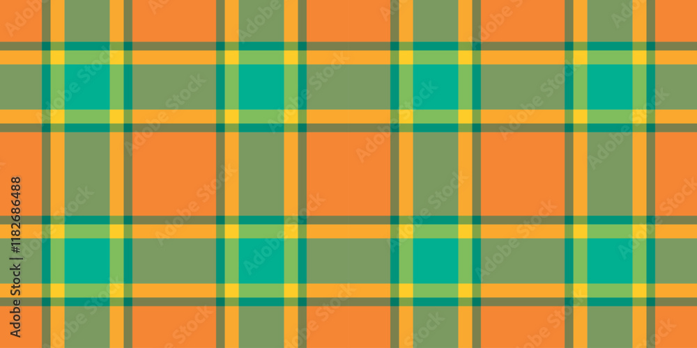 Fototapeta premium Vibrant, cheerful plaid pattern in sunny orange, teal, and muted green. Ideal for textile design, website backgrounds, or crafting projects. Adds a pop of color and playful energy to any design.
