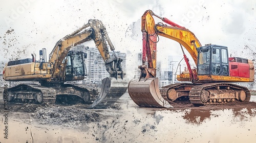 Construction excavators working site city background photo