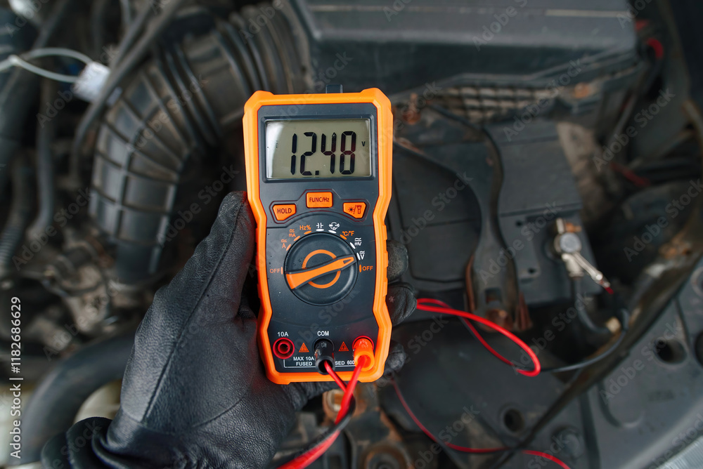 Test car battery with multimeter in cold season. Checking car battery voltage with multimeter while ignition is off, diagnostics for reliable automotive performance in winter season
