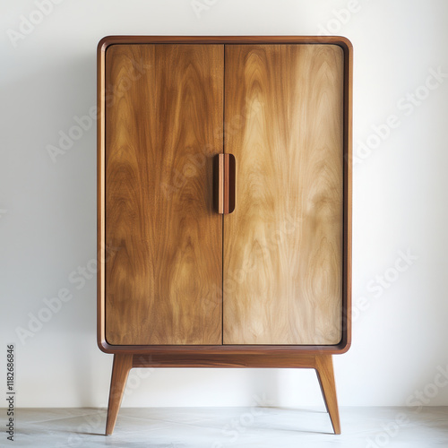 Mid century modern wooden cabinet with sleek design and natural finish. This stylish furniture piece features two doors and tapered legs, perfect for any living space photo