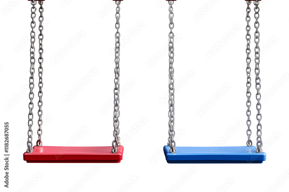 Two red blue swings with chain rope isolated on transparent background. Hanging outdoor seat object to relax, outdoor childhood park playground fun activity, empty, nobody Two red blue swings with chain rope isolated on transparent background. Hanging outdoor seat object to relax, outdoor childhood park playground fun activity, empty, nobody