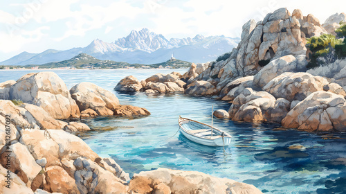 Granite rock formations in corsica's rugged coastline, boat, corsica. Seafrost. Illustration photo